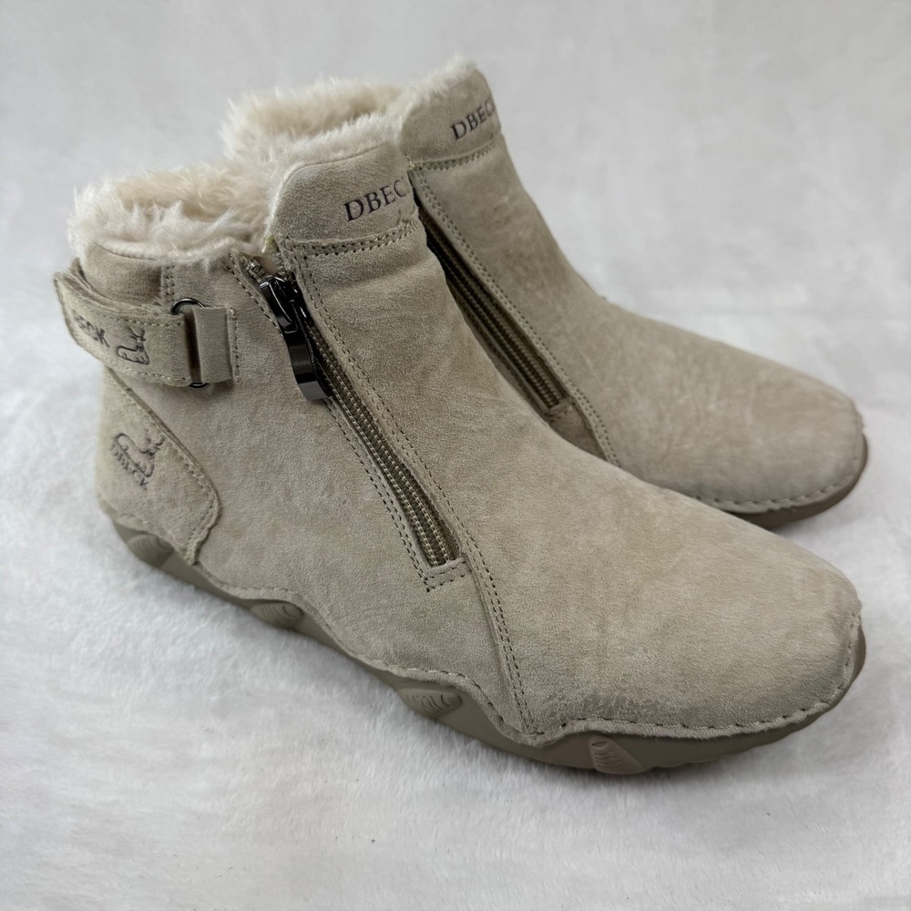 DBECK Tan Suede Faux Fur Lined Ankle Boots Dual Zip EU 38‎ Womens Comfort 7.5